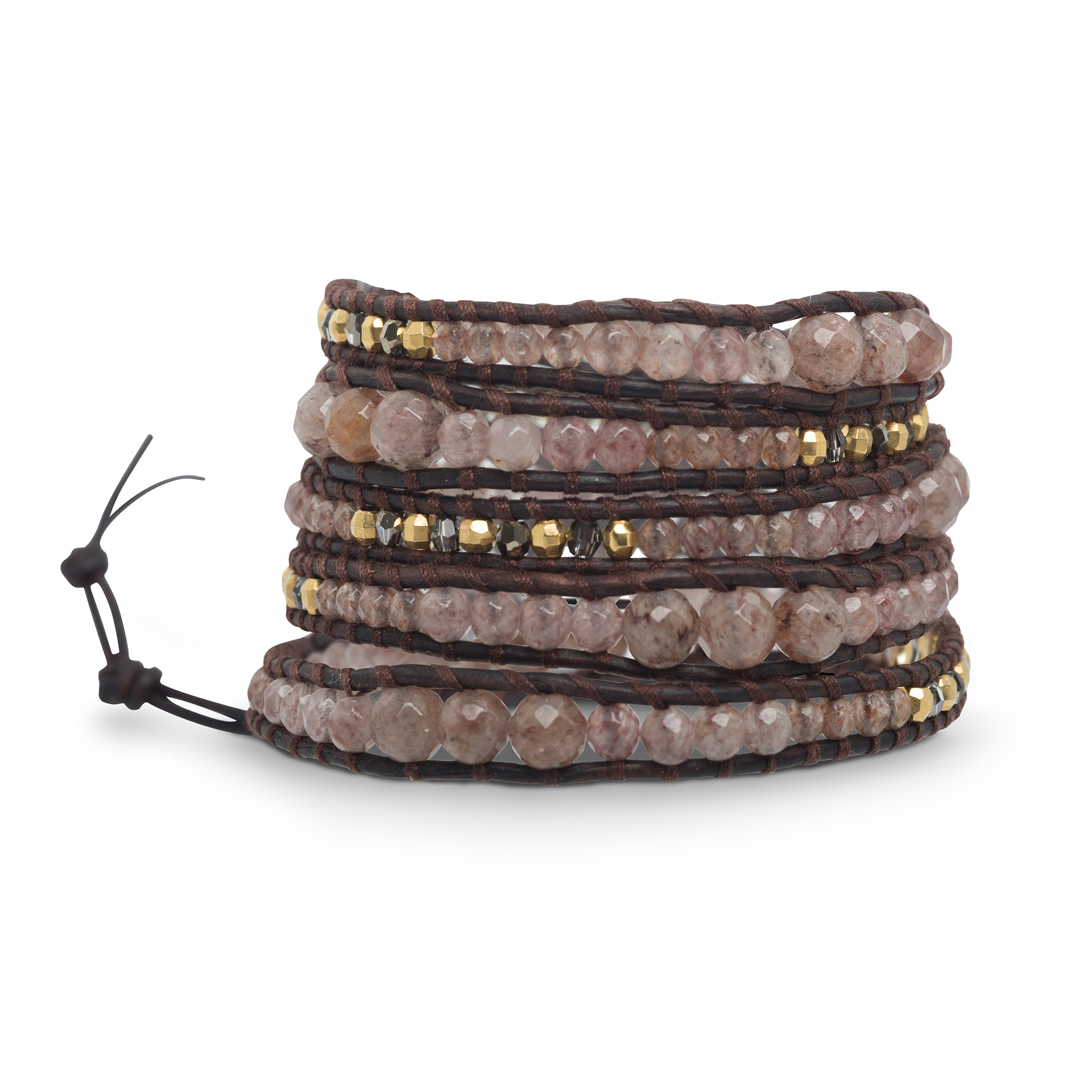 Vijf Macadam doorboren Wickelarmband aus dunkelbraunem Leder mit vergoldeten 925 Silberelementen,  Swarovski-Kristallen & Quartz | Braun&Stone